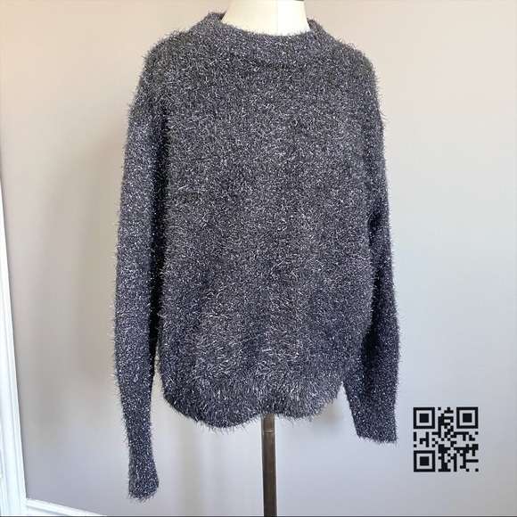 H&M Fuzzy Eyelash Textured Metallic Tinsel Oversized Crew Neck Sweater - S/M - Picture 4 of 10